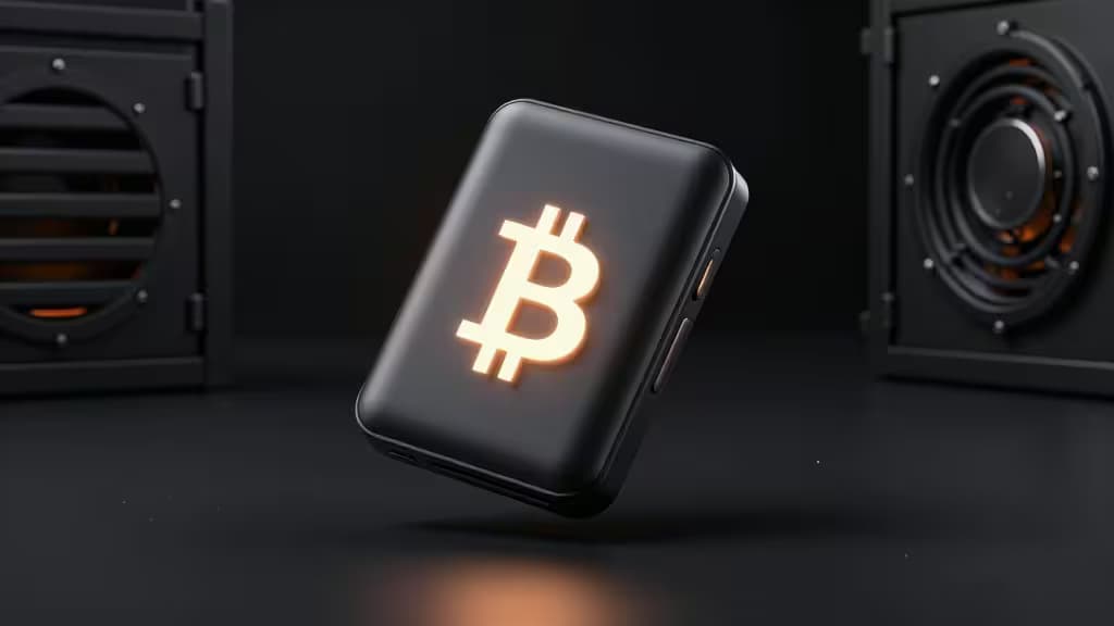 Абстрактное изображение аппаратного Bitcoin-кошелька на тёмном фоне с подсвеченным символом Bitcoin, эстетика холодного хранилища