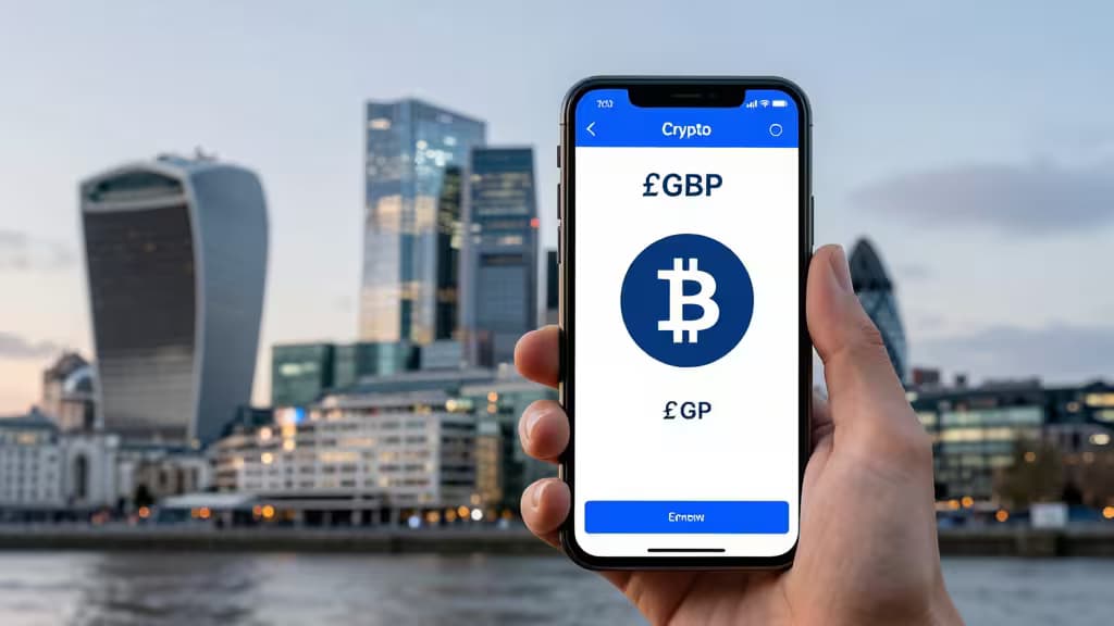 Hand holds smartphone displaying Bitcoin app with £GBP, London skyline blurred behind.