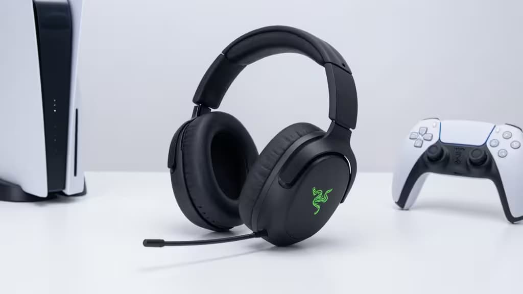 Black Razer BlackShark V2 X headset with green logo, positioned beside white PS5 controller on clean surface.