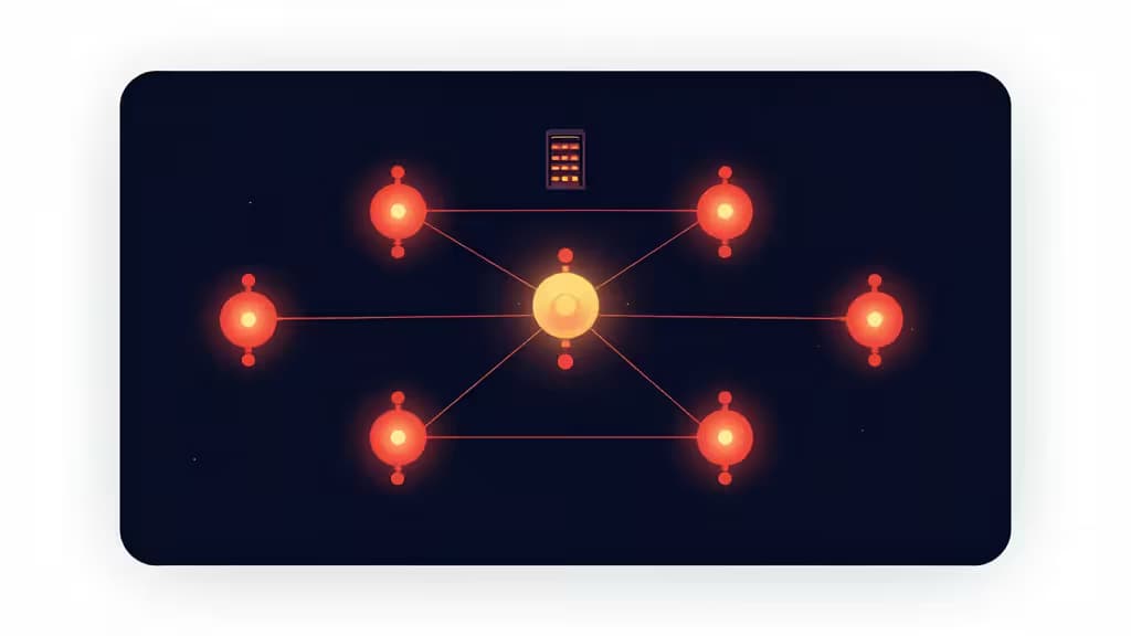 Glowing red nodes connect to a central server on a dark screen, symbolizing managed Redis hosting for small apps.