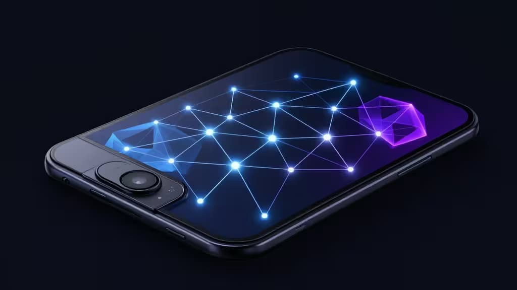 Uno smartphone elegante mostra una rete blockchain luminosa con loghi di Ethereum, a simboleggiare transazioni crypto sicure.