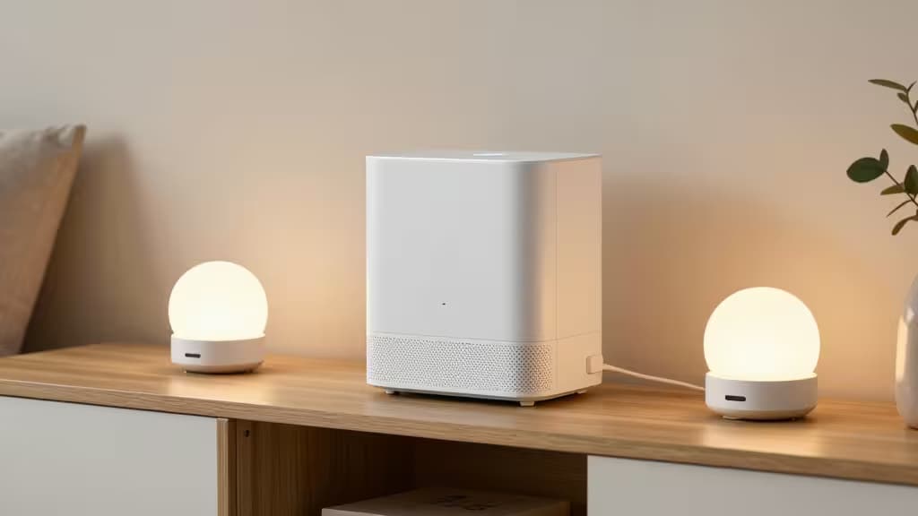 White Samsung SmartThings hub centered on wood shelf, flanked by glowing spherical lamps.