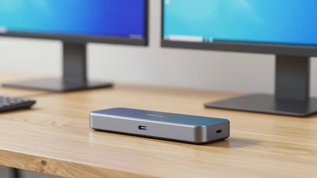 Une station d'accueil USB-C argentée posée sur un bureau en bois, avec deux moniteurs flous en arrière-plan.