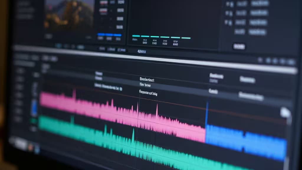 Una schermata ravvicinata di un software di editing video che mostra forme d'onda audio colorate e tracce di sottotitoli.