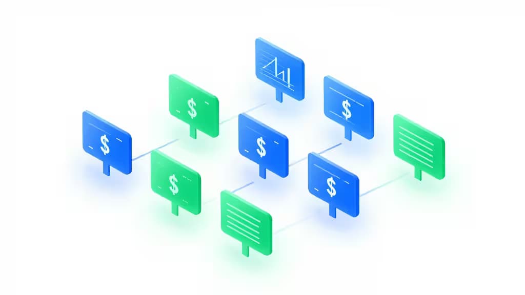 Isometric blue and green signs with dollar symbols connected by lines on a white background.