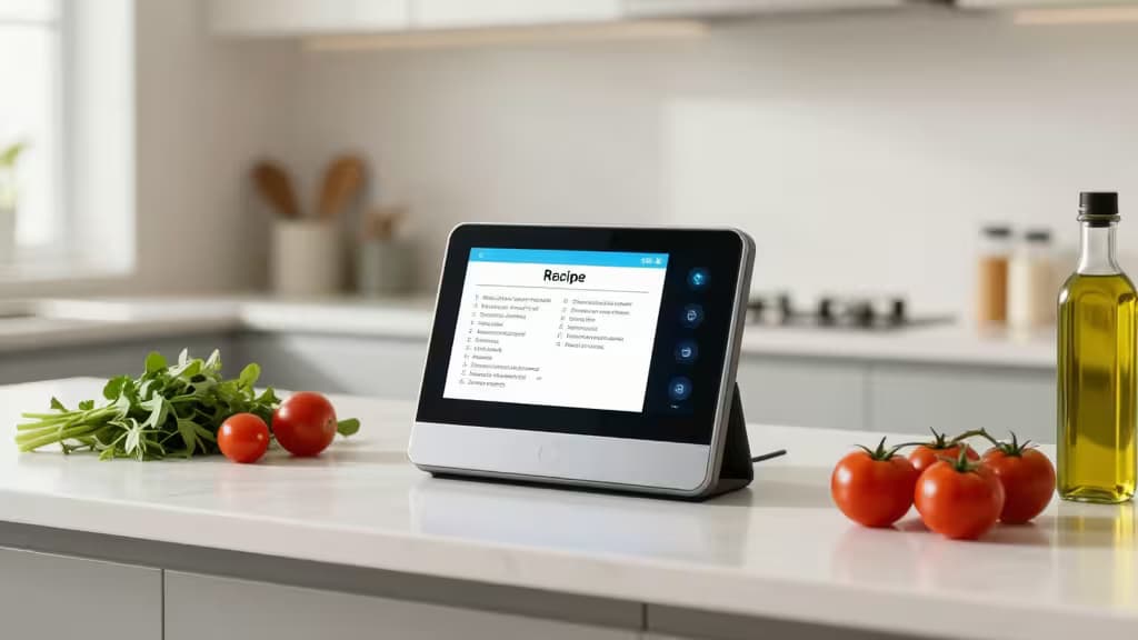 Smart display on white countertop shows recipe, surrounded by fresh tomatoes, herbs, and olive oil.