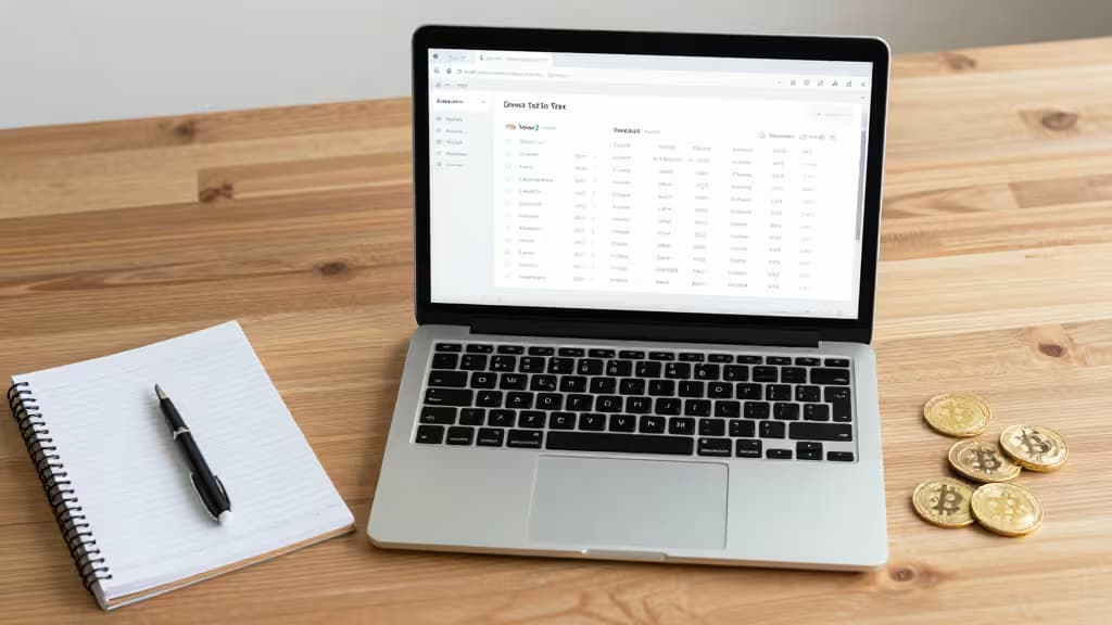 Laptop displays crypto tax dashboard beside notebook, pen, and gold Bitcoin coins on wooden desk.
