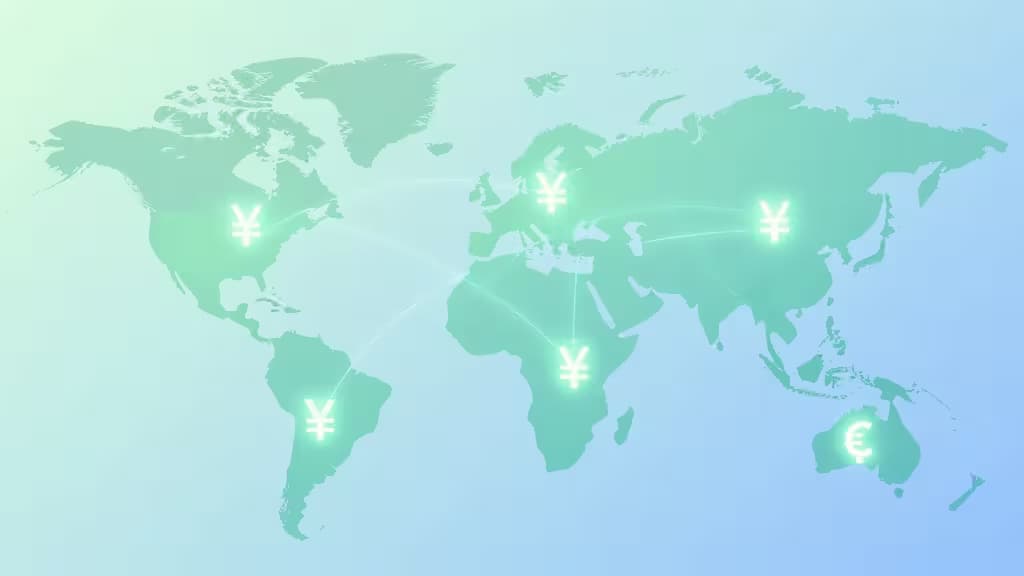 Glowing currency symbols connect continents on a teal world map, illustrating seamless global money transfers.