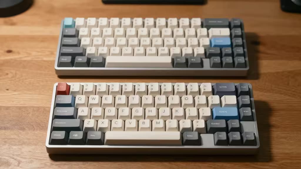 Dois teclados mecânicos compactos com teclas creme, cinza e azul sobre uma mesa de madeira clara, iluminação natural suave.