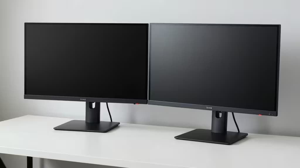 Dos monitores negros uno junto al otro sobre un escritorio blanco, listos para ser montados con brazos verticales.