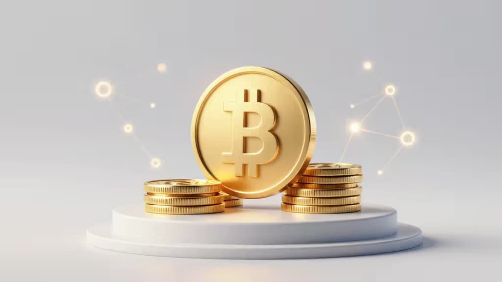 Golden coins arranged on a minimalist pedestal with glowing blockchain network nodes in the background, representing stablecoin staking and passive income in cryptocurrency.