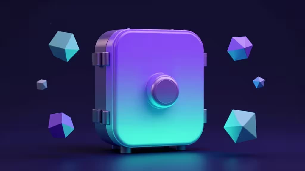 Rendu 3D abstrait d'un coffre-fort numérique sécurisé avec éclairage violet et turquoise, représentant la sécurité blockchain et les portefeuilles crypto