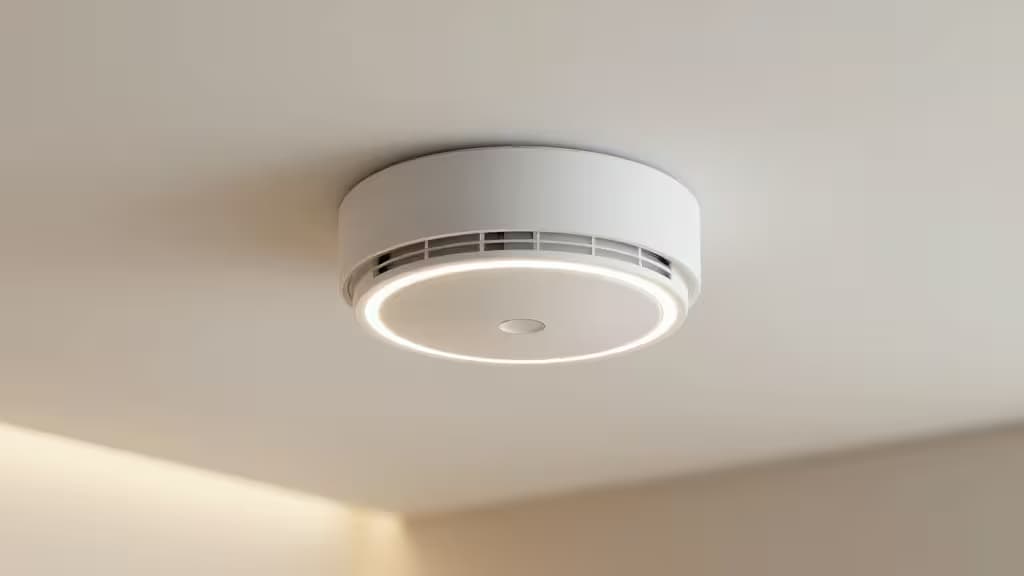 Een moderne slimme rookmelder op een wit plafond in een smart home-interieur, met een zachte LED-ring die zacht gloeit.