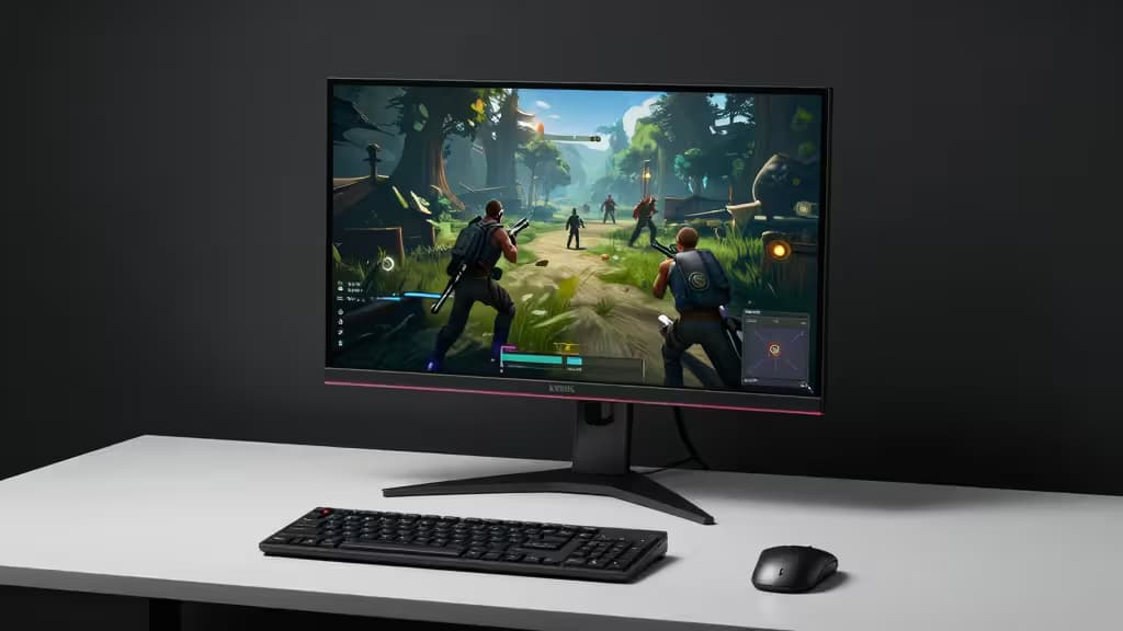 Un moniteur gaming noir élégant affiche une scène de jeu vibrante sur un bureau blanc minimaliste.
