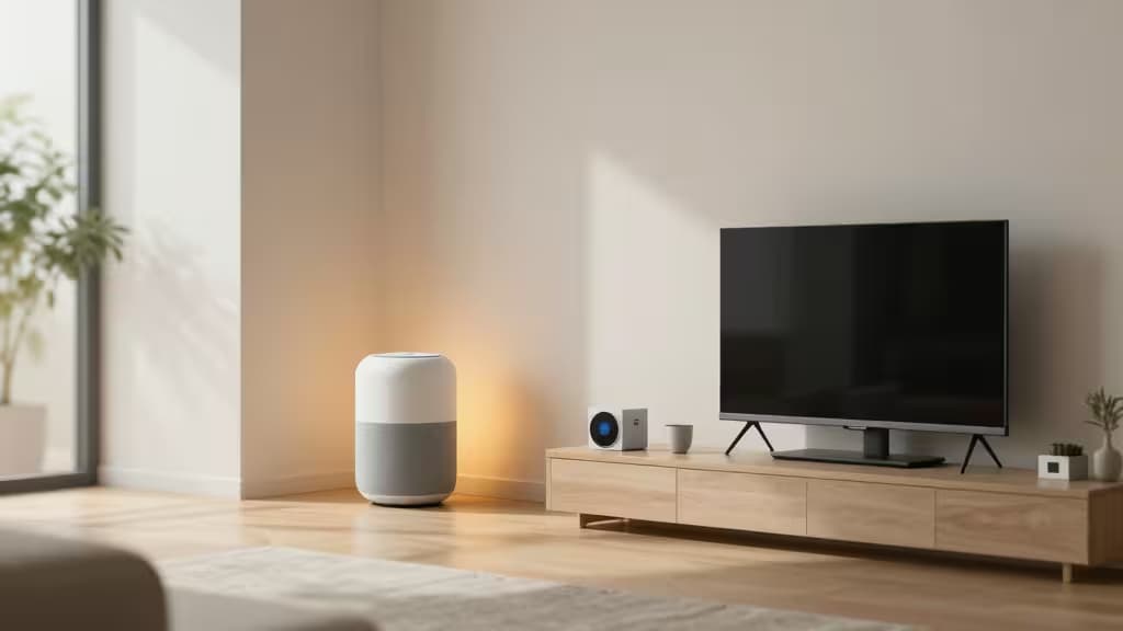 Cylindrical smart hub glows beside minimalist wooden media console, ambient light illuminating connected devices in serene modern living room.