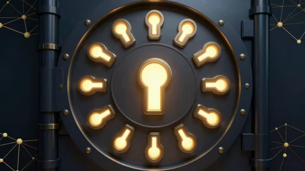 Ilustração abstracta de um cofre digital seguro com múltiplas chaves luminosas dispostas em padrão circular, com nós de rede blockchain em segundo plano