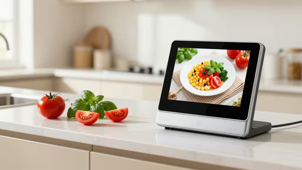 A sleek smart display shows a vibrant dish, surrounded by fresh tomatoes and basil on a modern kitchen counter.