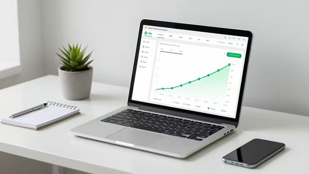 Laptop displays crypto tax software with green growth chart, notebook, pen, and succulent on white desk.