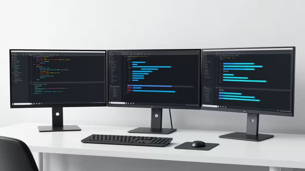 Three sleek monitors display Node.js log dashboards on a minimalist white desk setup.