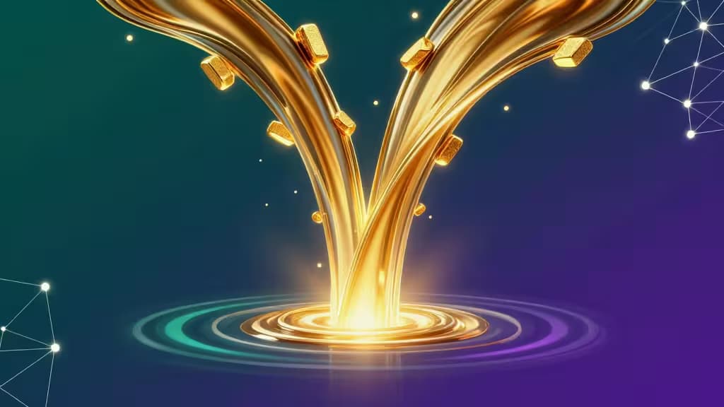 Jetons dorés Solana jaillissant vers le haut depuis des ondulations lumineuses, symbolisant la croissance du liquid staking sur un fond technologique en dégradé.