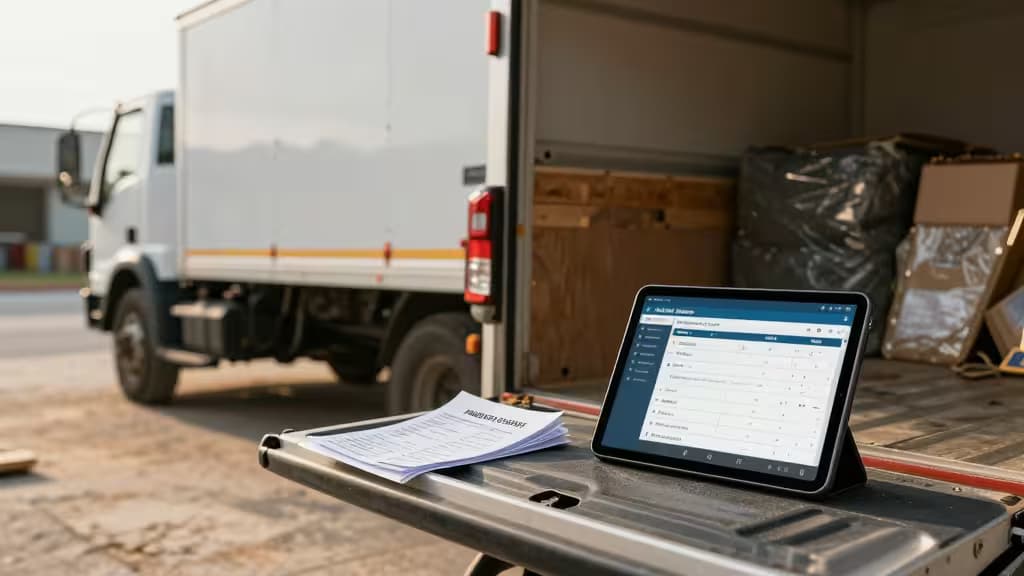 A tablet displaying expense tracking software sits on a truck tailgate beside material invoices.