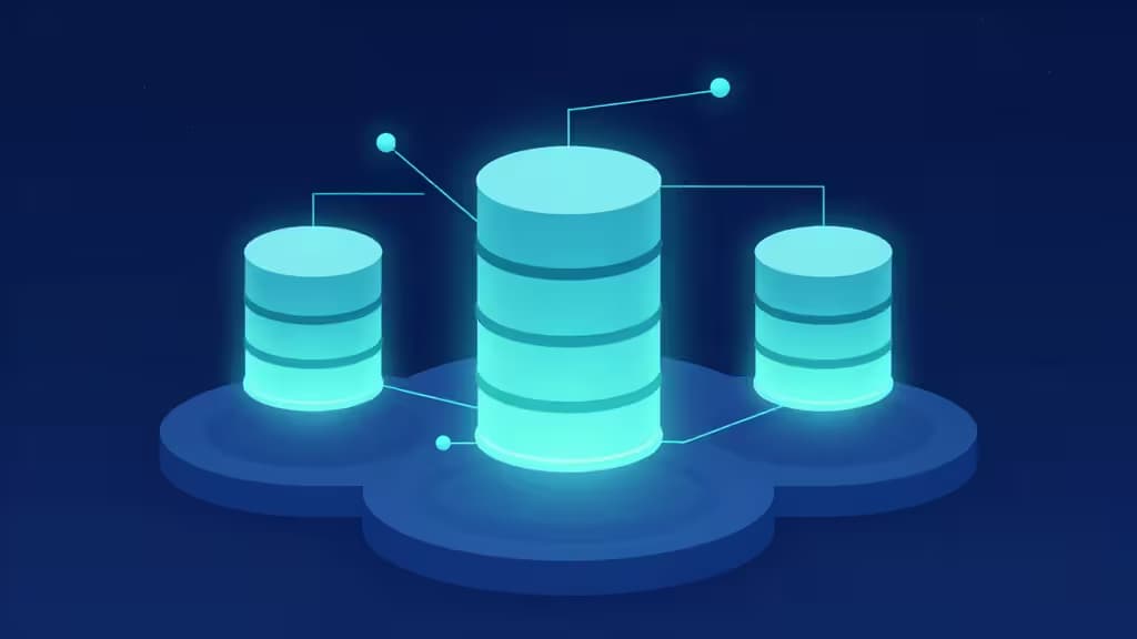 Glowing cyan database cylinders rest on a cloud platform, connected by glowing lines against a deep blue background.