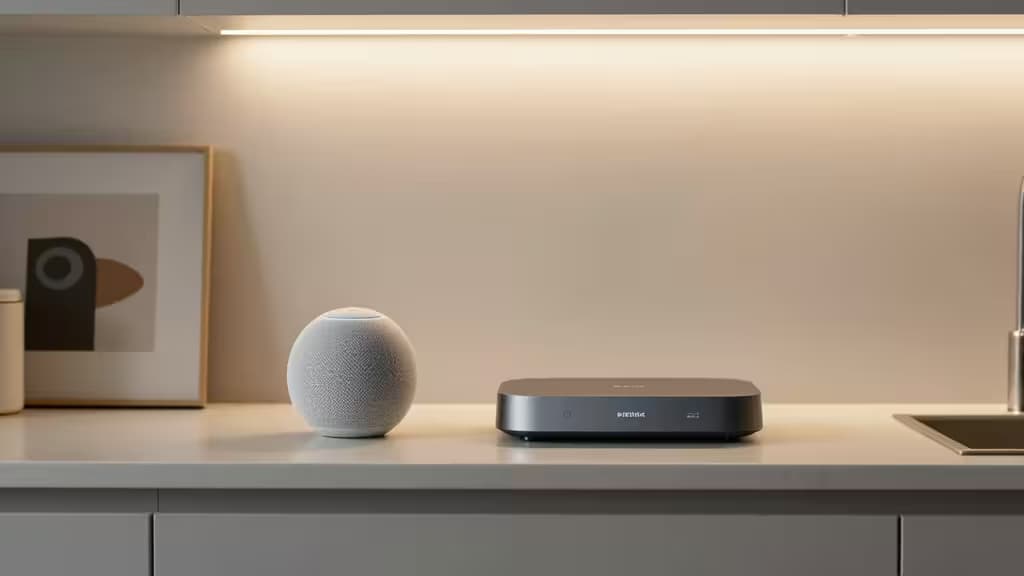A small spherical smart speaker and a streaming device on a kitchen counter under soft warm lighting
