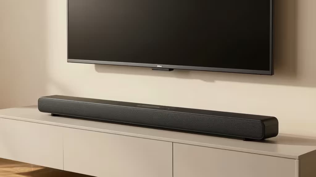 Soundbar moderna sobre consola de TV numa sala de estar com iluminação ambiente quente