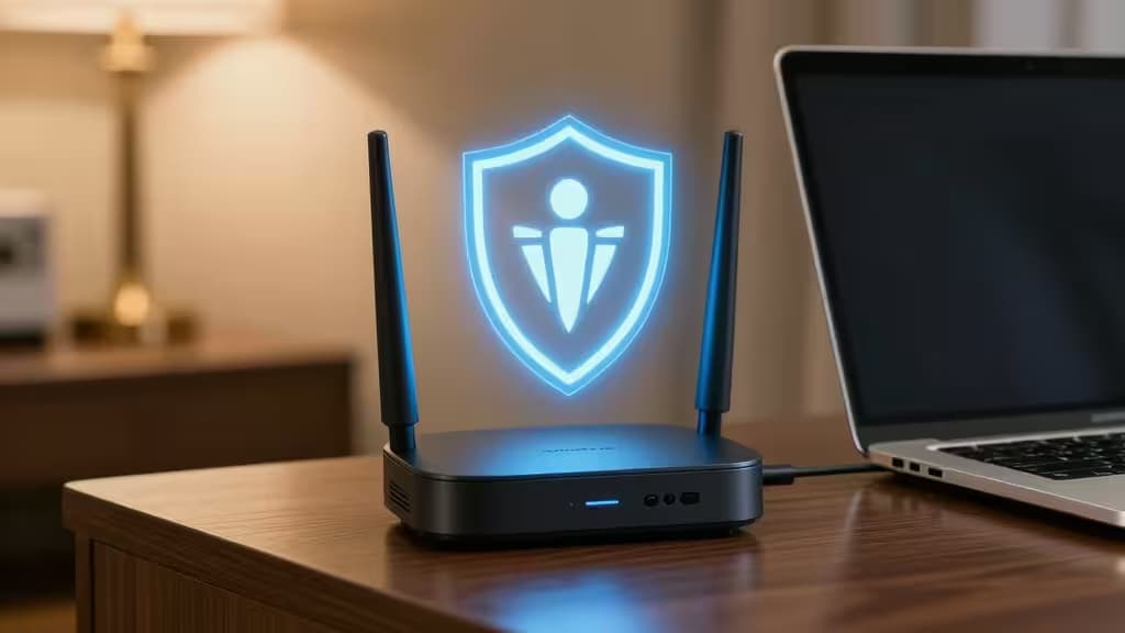 Un router VPN portátil negro con un icono de escudo azul brillante sobre un escritorio de hotel de madera junto a un portátil abierto, simbolizando conectividad segura para viajeros.