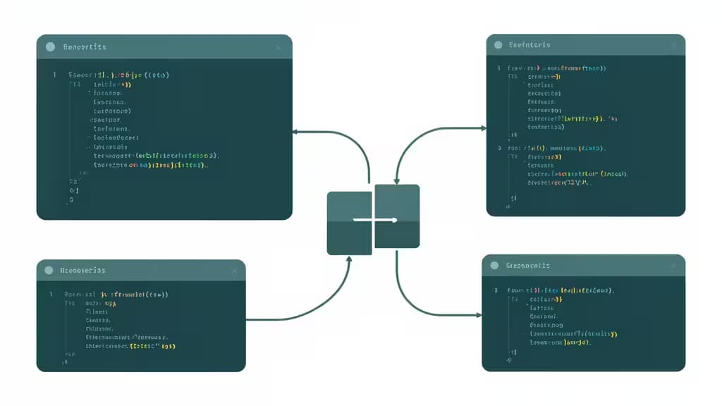 Four code editor windows connect via arrows to a central hub, symbolizing AI coding assistants.