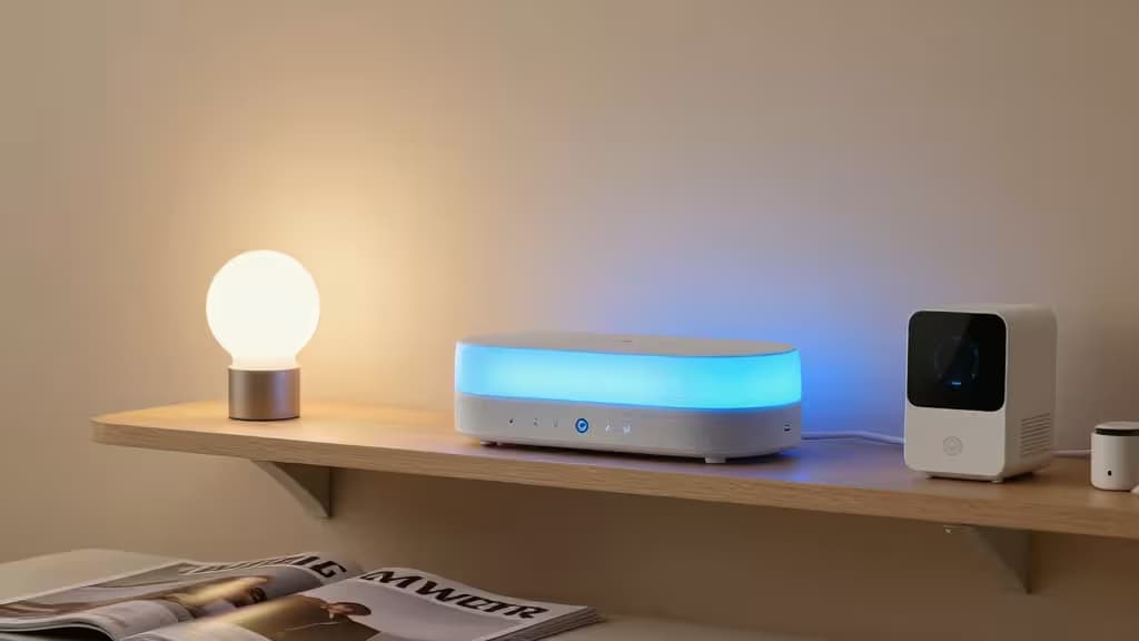 A smart home starter kit with a glowing lamp, blue-lit speaker, and compact hub on a wooden shelf.