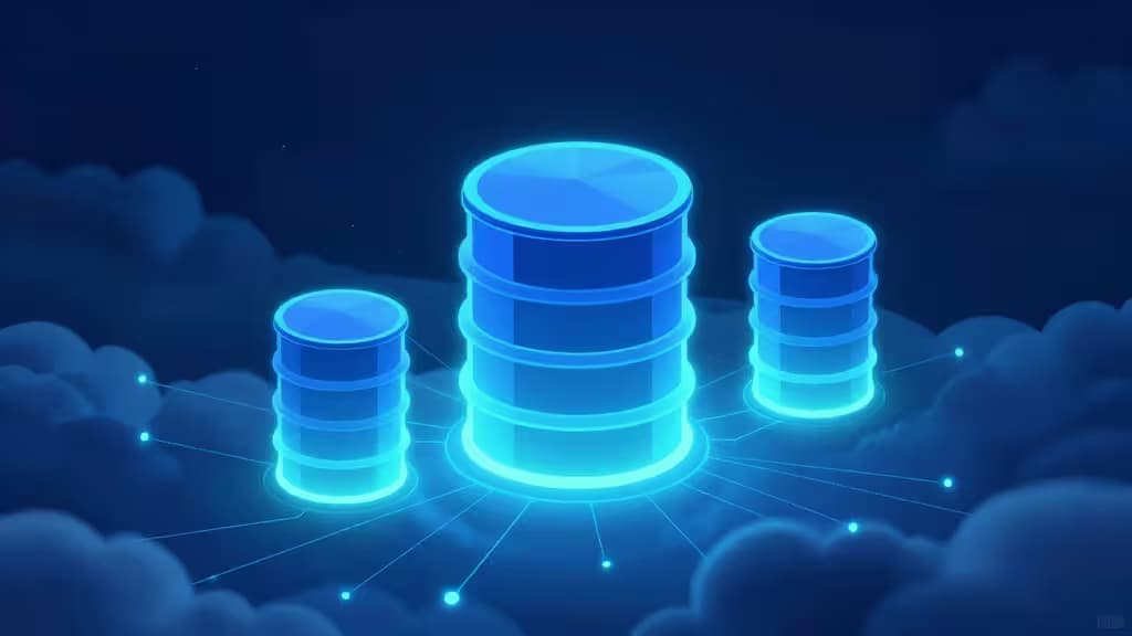 Glowing blue database cylinders float above clouds, connected by luminous lines against a dark sky.