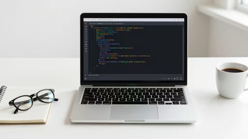 Laptop displays Python code review interface, flanked by notebook, glasses, and coffee on white desk.