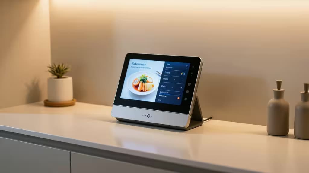 Sleek smart display on white countertop shows food interface, flanked by minimalist decor.
