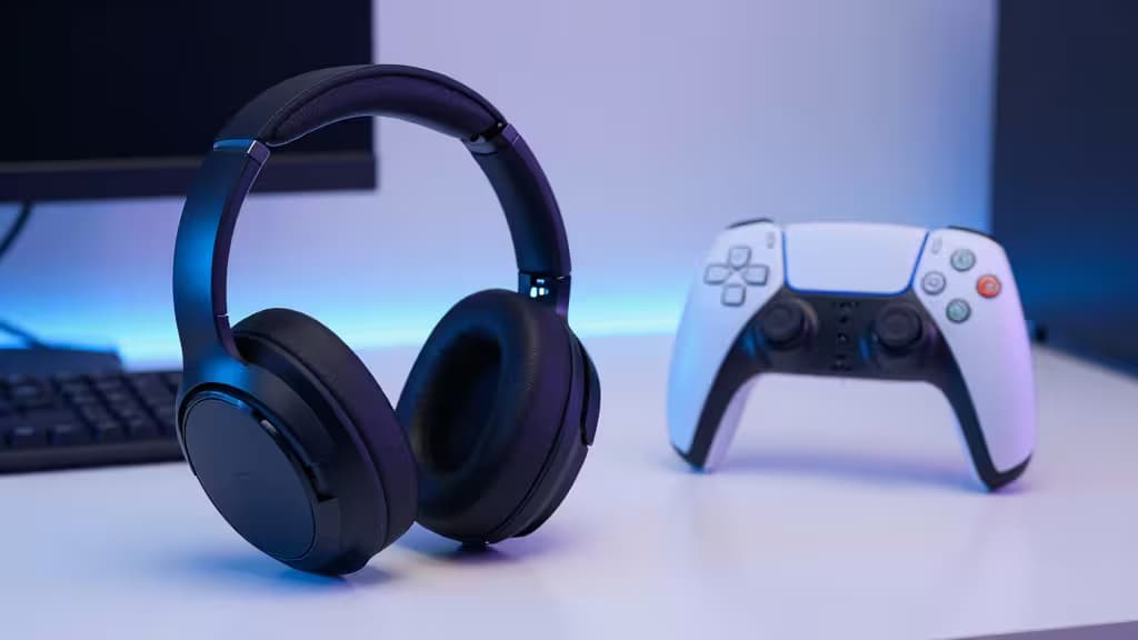 Black over-ear headset and white PS5 controller on glowing desk.