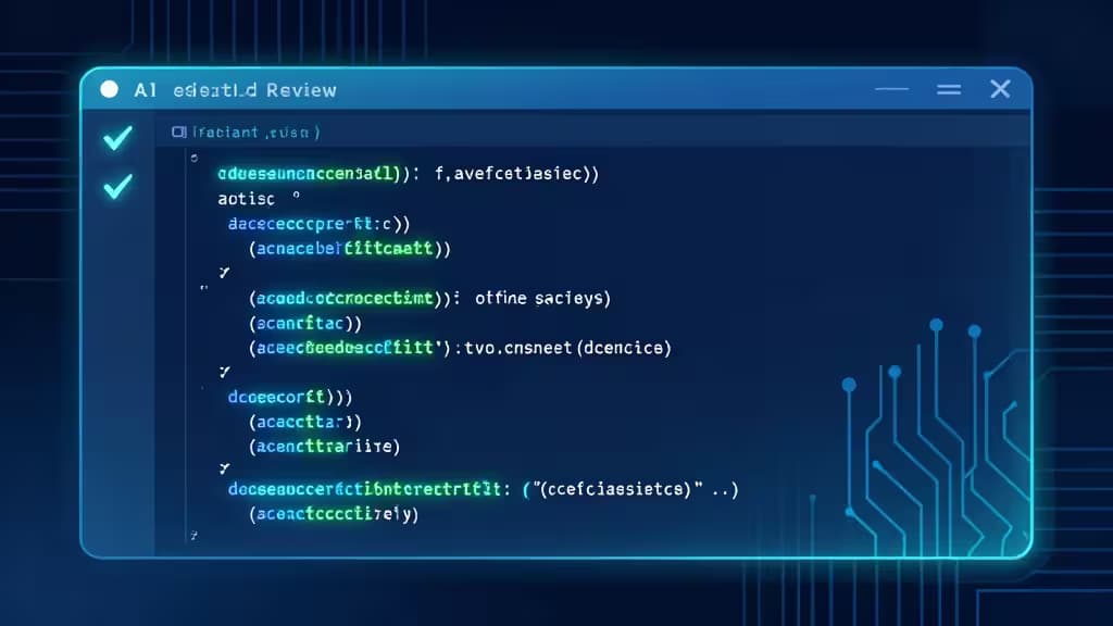 Abstrakte Illustration eines KI-gestützten Code-Review-Workflows mit leuchtenden Diff-Zeilen und automatisierten Prüfzeichen in einem Code-Editor