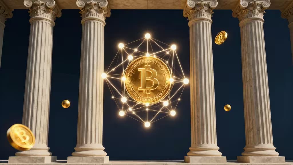 Abstract composition blending classical stone columns with glowing digital blockchain nodes and golden tokenized assets bridging physical and digital realms on a deep navy background.