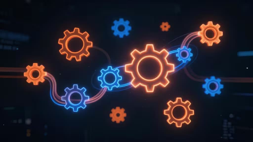 Glowing orange and blue gears interlock, symbolizing CI/CD pipeline stages for Rust projects.