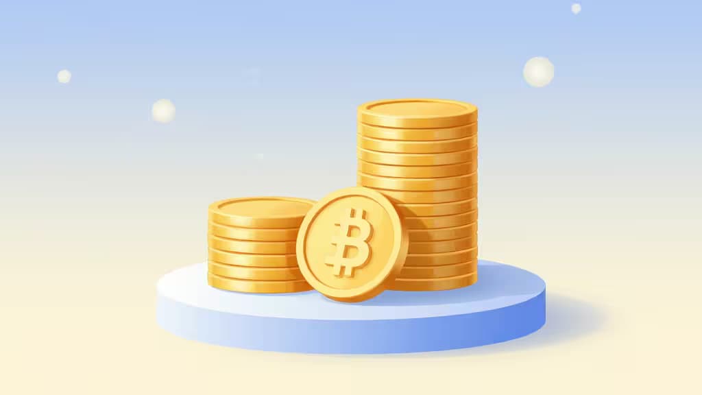 Złote monety ułożone na piedestale z subtelnymi węzłami sieci blockchain w tle — abstrakcyjna ilustracja stakingu stablecoinów