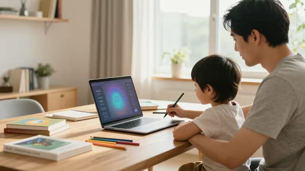 Parent and child collaborate at wooden table with laptop, books, and colored pencils in sunlit room.