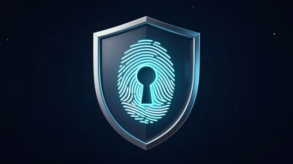 A glowing blue fingerprint with a keyhole center sits inside a metallic shield on a dark background.