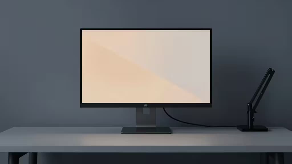 Un moniteur IPS élégant avec une barre lumineuse posé sur un bureau minimaliste à côté d'un bras ergonomique, sur un fond gris atténué.