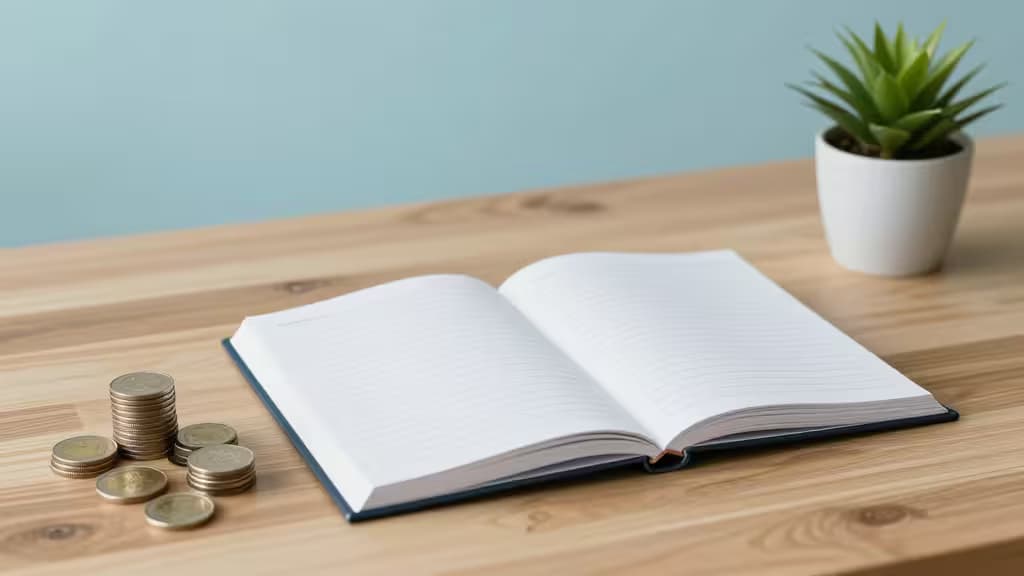 Cuaderno abierto junto a monedas apiladas sobre un escritorio de madera, simbolizando la planificación financiera de nonprofits y opciones bancarias sin comisiones.