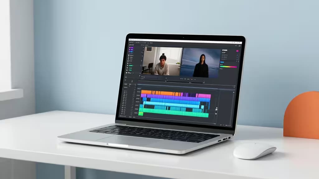 Un portátil plateado y elegante muestra un software de edición de video con IA sobre un escritorio blanco minimalista junto a un ratón inalámbrico.