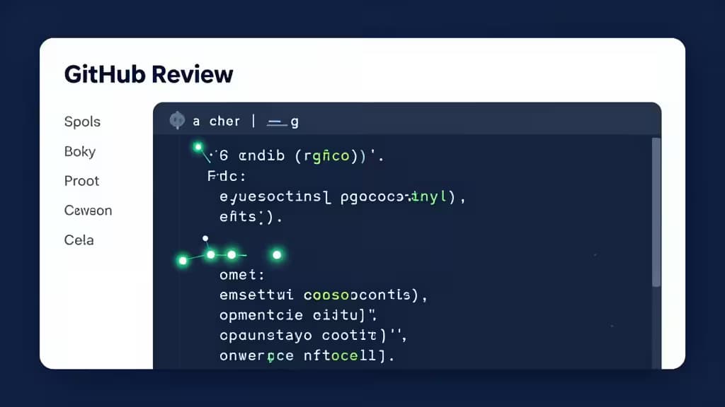 GitHub Review interface displays code diff with glowing green AI annotations and commit graph visualization.