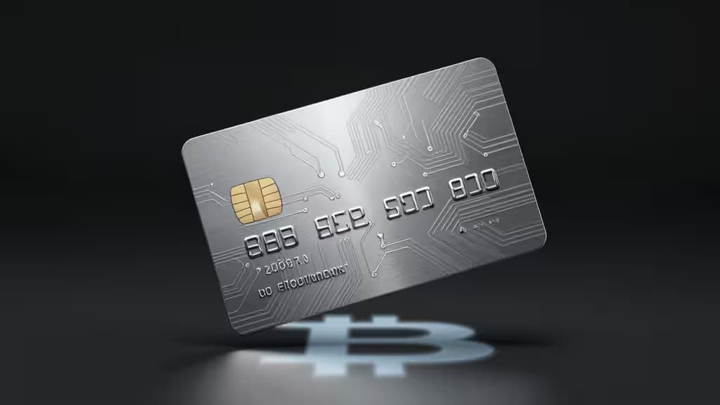A sleek silver crypto credit card with circuit patterns and Bitcoin symbol, representing Gemini, Coinbase, and Crypto.com cards.