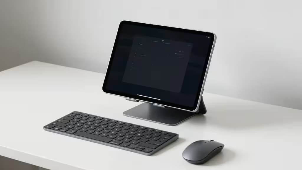 Un clavier Bluetooth noir élégant et une souris posés à côté d'une tablette Android sur un bureau blanc, ambiance lumineuse naturelle