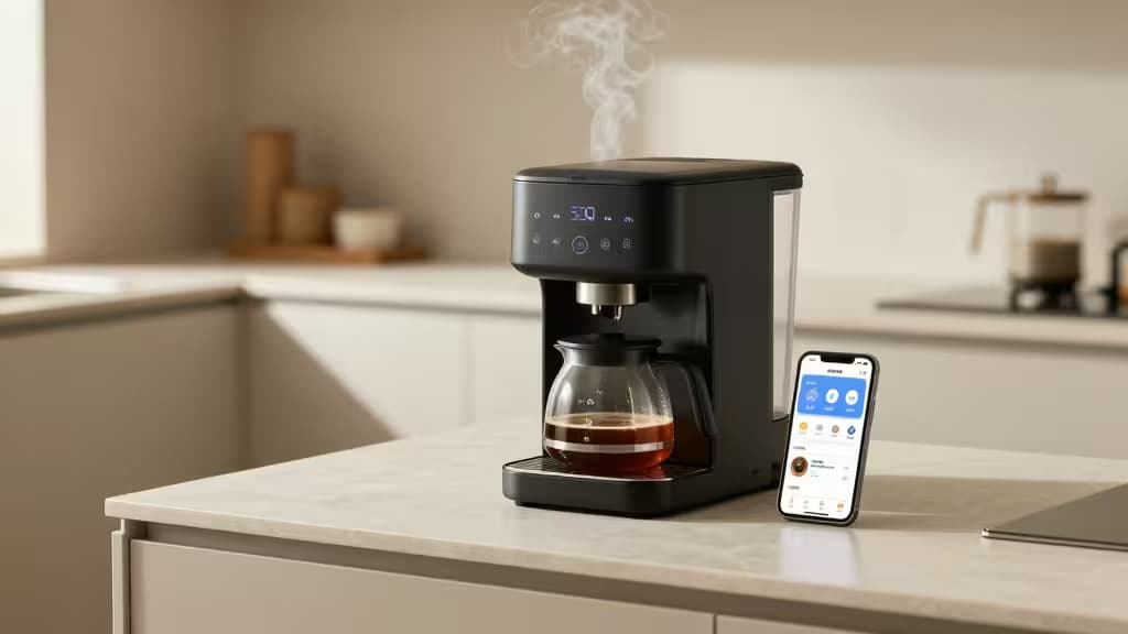 A sleek smart coffee maker on a minimalist kitchen counter with a smartphone showing a brewing app, steam rising from the carafe in warm morning light.