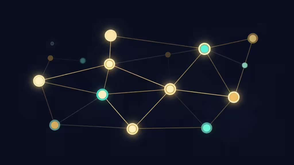 Glowing yellow and teal nodes connect via thin lines on a dark background, symbolizing a decentralized crypto network.