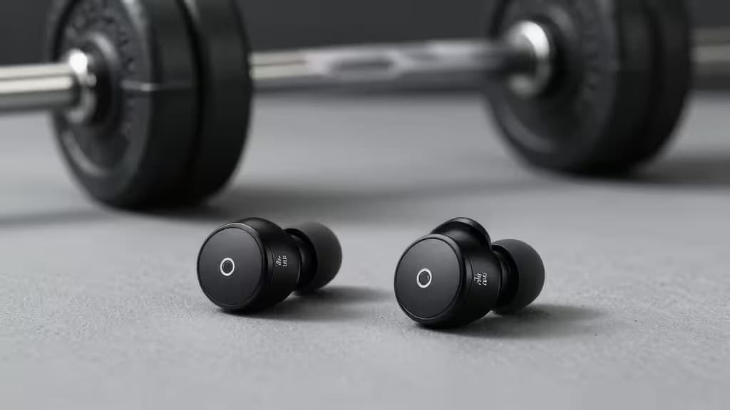 Persona entrenando en el gimnasio con auriculares con cancelación de ruido, ambiente motivador y luz dinámica